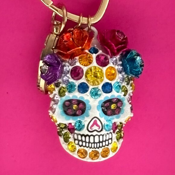 Betsey Johnson Sugar Skull Bag Charm Jeweled Fob KeyChain Day of the Dead NIB - Picture 5 of 11